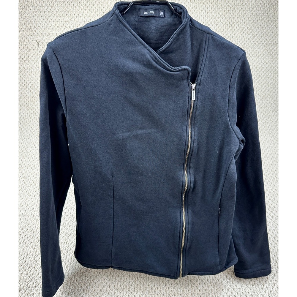 Saint + Sofia Biker Jacket Womens USA 12 Black Zip Up Cardigan Organic Cotton